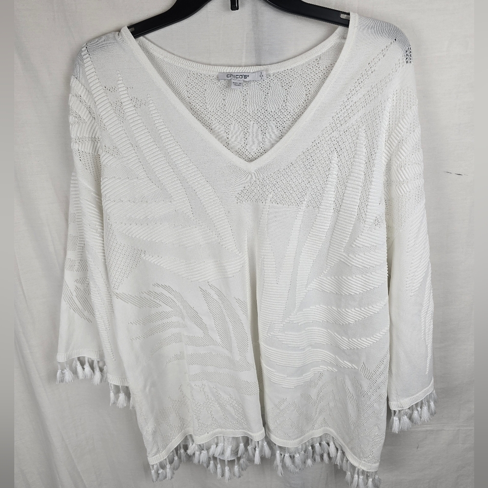 Chico's White Knit V-Neck Textured Poncho Shirt with Tassels Sz Chico 2/L